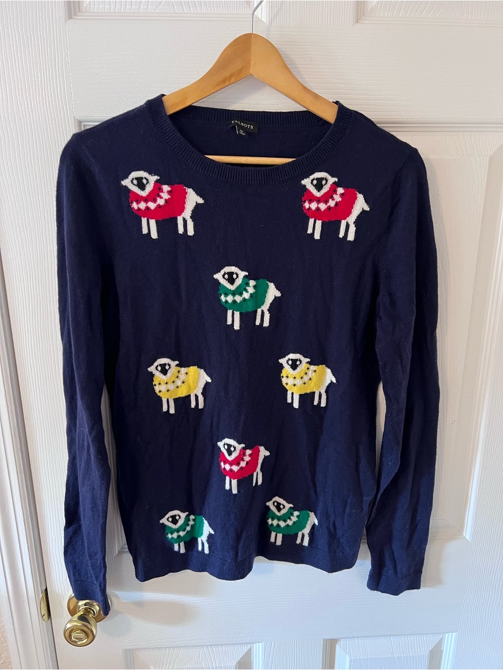 Talbots Sheep in Sweaters Crewneck Knit Pullover Navy Blue Cottagecore Cozy